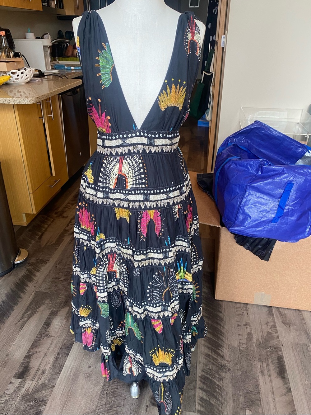 Navy Deep V-Neck Tiered Maxi Dress with Colorful Embroidery